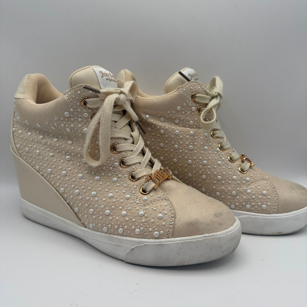 Juicy Couture JC-Jiggle Wedge Sneakers Women's 8 Cream Pearl Embellished Y2K